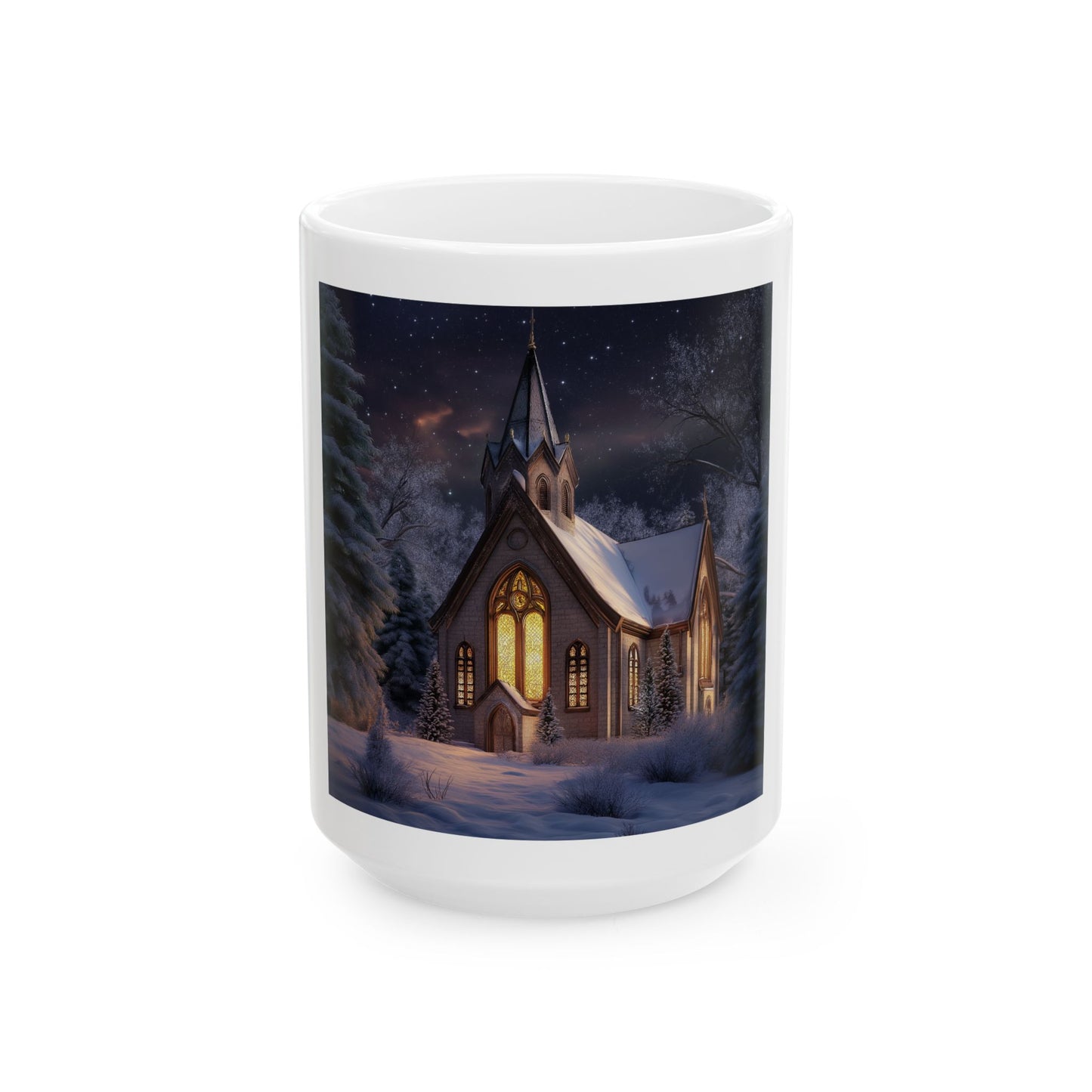 Church Scene Ceramic Mug - Snowy Landscape Design - 11oz/15oz