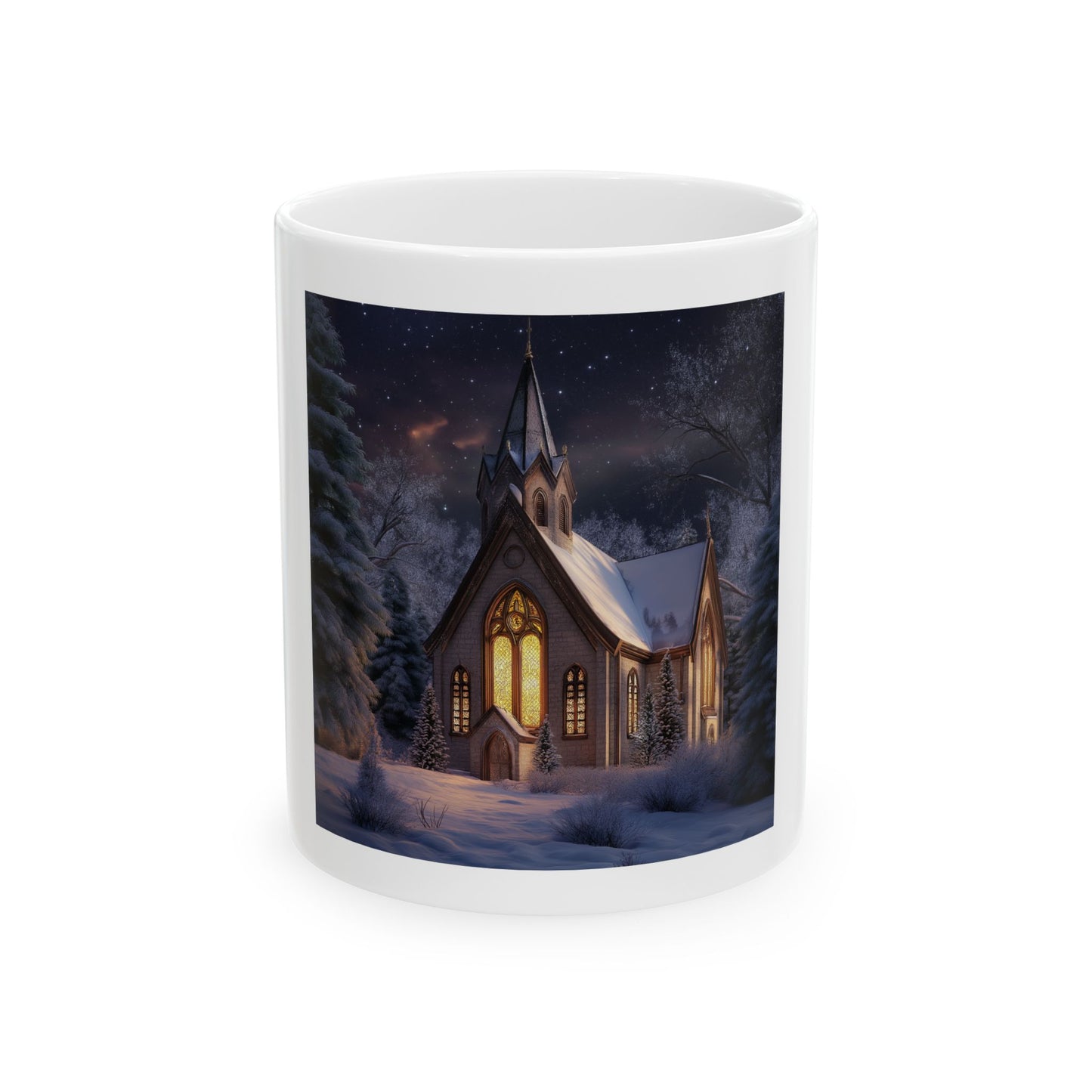 Church Scene Ceramic Mug - Snowy Landscape Design - 11oz/15oz